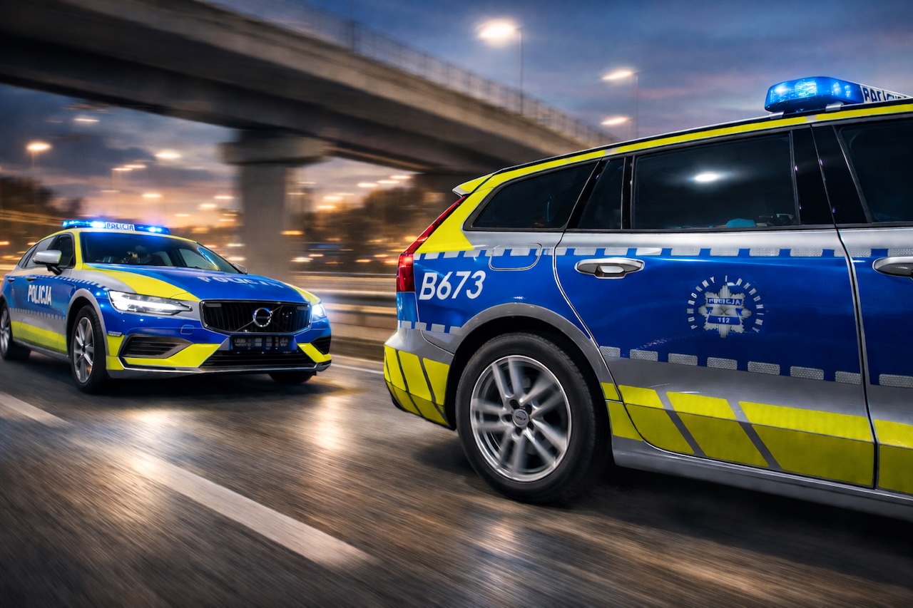 Dynamiczne ujęcie dwóch oznakowanych radiowozów Volvo V60 z aktywnymi sygnałami świetlnymi, jadących trasą szybkiego ruchu pod wiaduktem o zmierzchu.