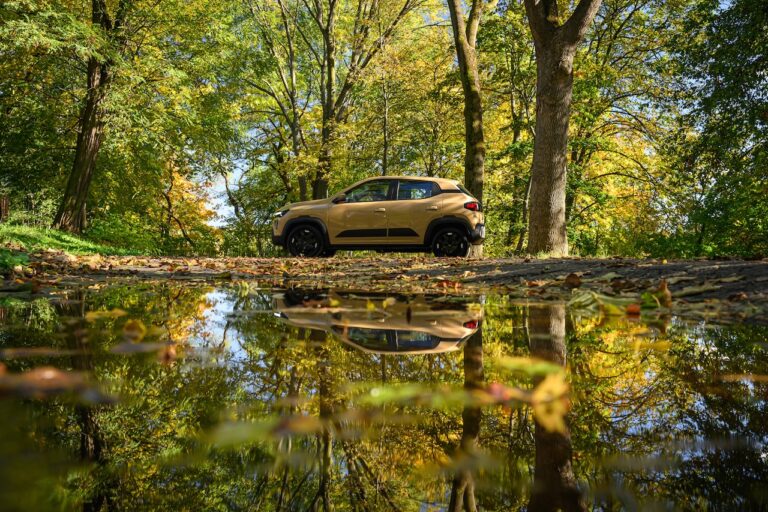 Dacia Spring zaparkowana wśród drzew, odbicie w wodzie