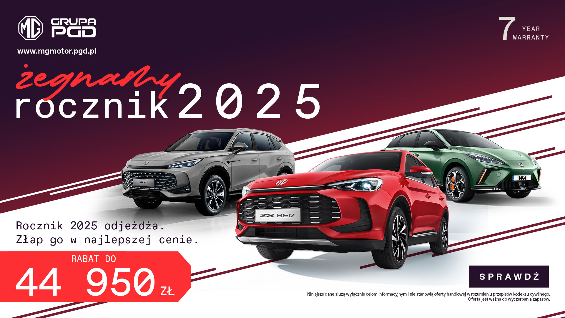 Baner promocyjny z napisem „żegnamy rocznik 2025” prezentujący trzy modele aut: szare MG HS, czerwone MG ZS HEV oraz zielone MG4 na bordowo-białym tle z informacją o rabacie do 44 950 zł i logotypem Grupa PGD.