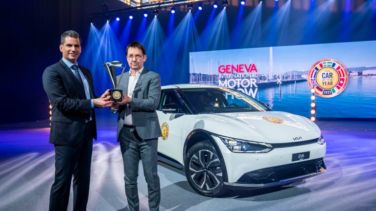 Sandro Mesquita, CEO of Geneva International Motor Show and Frank Janssen, President of The Car Of The Year Jury, left to right, during the virtual award ceremony of the Car of the Year 2022, at the Palexpo in Geneva, Switzerland, Monday 28 february 2022