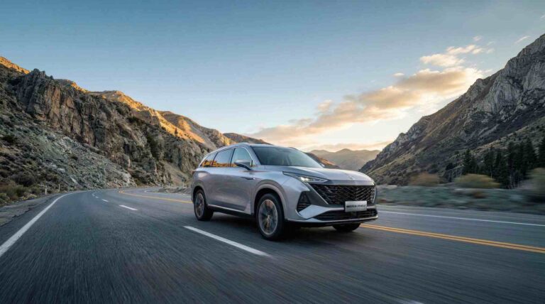 Srebrny SUV MG S9 Plug-In Hybrid jadący po krętej asfaltowej drodze w otoczeniu wysokich gór podczas zachodu słońca.
