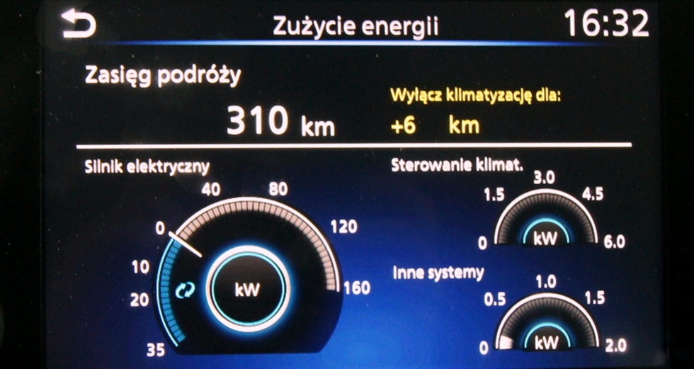 wskaźnik zasięgu i zużycia energii auta elektrycznego Nissan Leaf, czy warto kupić uzywany samochód elektryczny