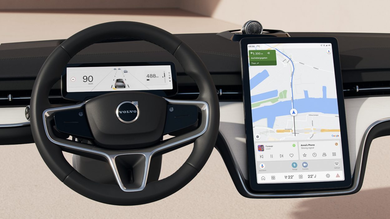 nowy EX90 kierownica i wyświetlacz i ekran centralny w samochodzie Volvo