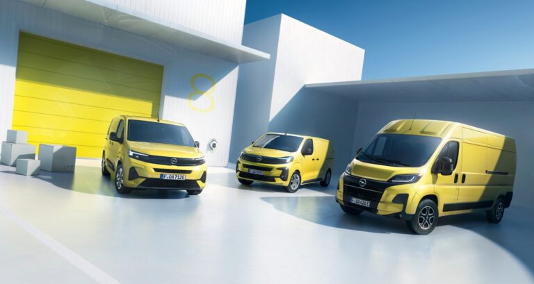 trzy lekkie samochody dostawcze Opla nowej generacji - Combo, Vivaro, Movano, żółty dostawczy Opel