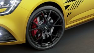koła, czerwone zaciski Brembo, żółte sportowe auto -Renault Megane R.S. Ultime