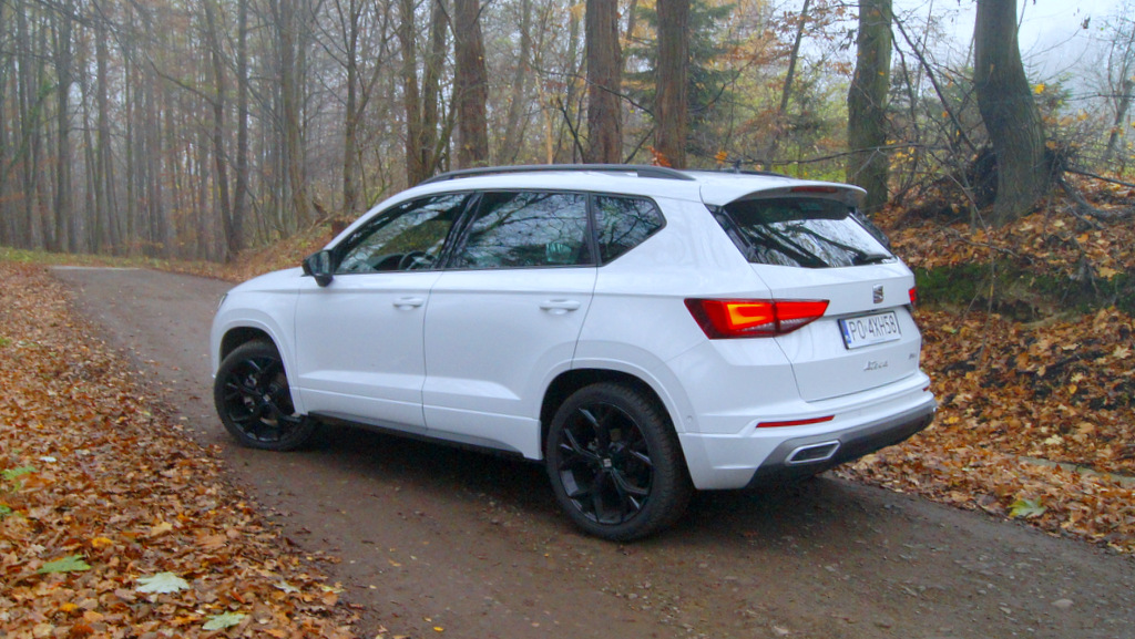 biały samochód na drodze w lesie jesienią - test Seata Ateca