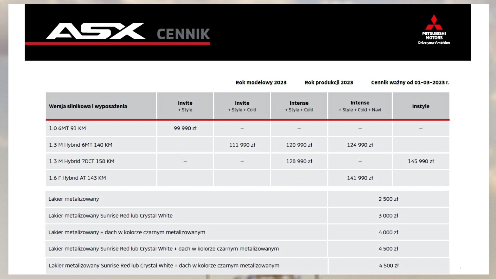 tabela cennik Mitsubishi ASX 2023, dopłaty za lakier